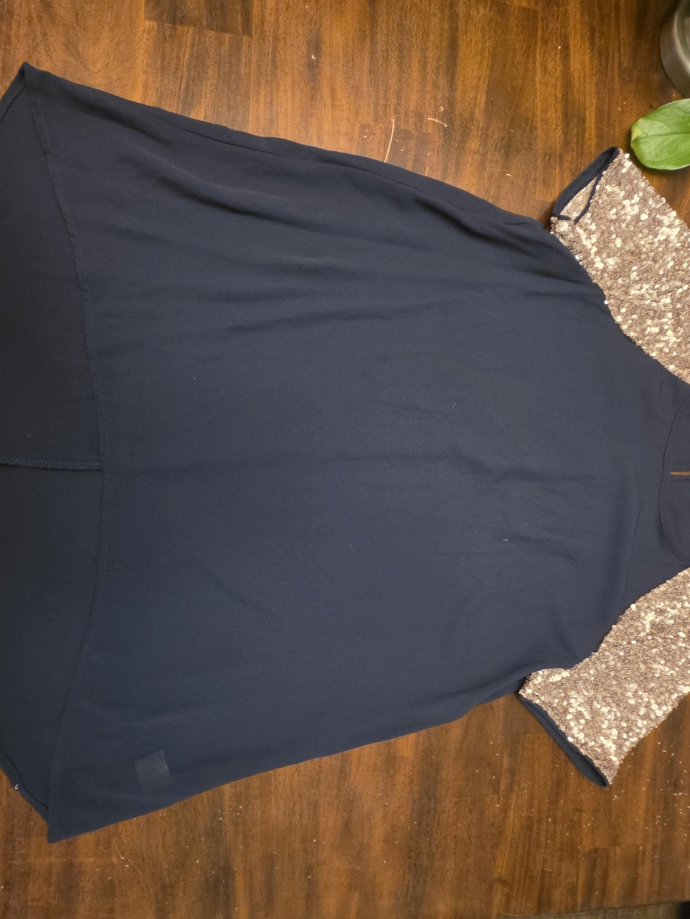 Katie K Navy Blue Crew Neck Blouse with Gold Sequin Short Sleeves – Size Medium